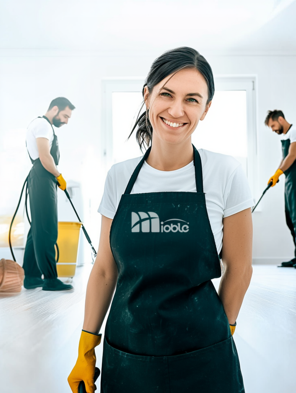 Three professional cleaners performing post construction house cleaning