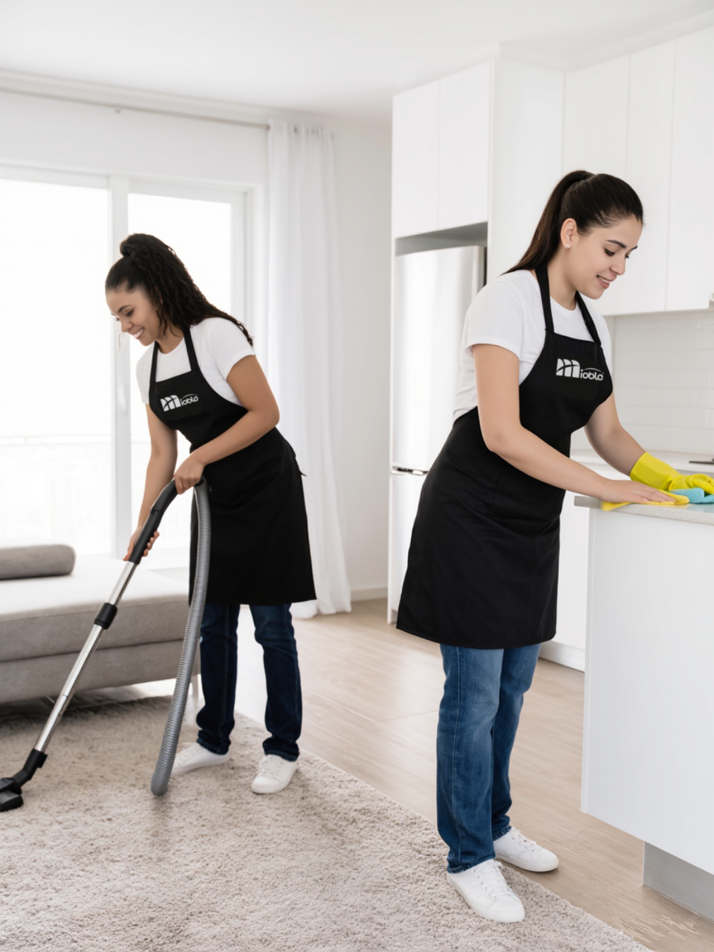 two women professionally cleaning a modern, well-lit house interior.
