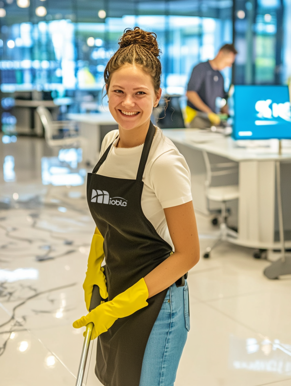 A smiling professional cleaner, cleaning an office space