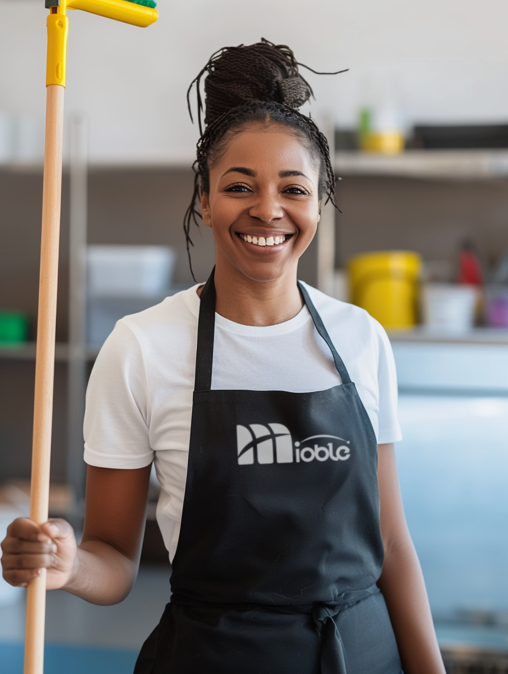 A smiling professional cleaner, cleaning an commercial space