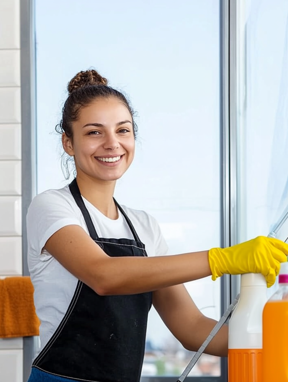A smiling woman cleaning windows